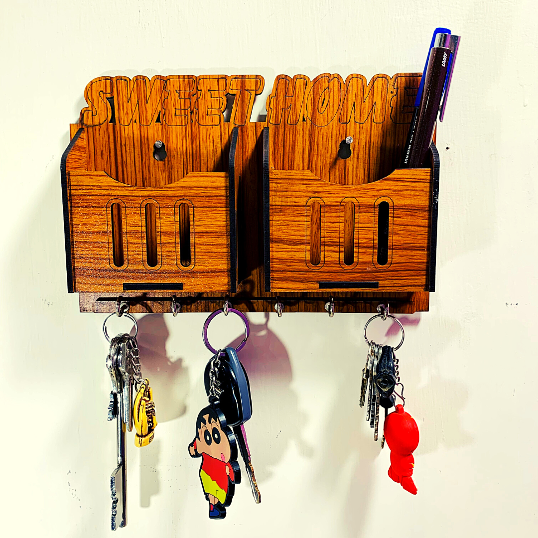 Homefrills Handcrafted Wooden Key Holder & Mobile Holder for Home & Office Decor, Attractive Key Stand, Key Chain Holder